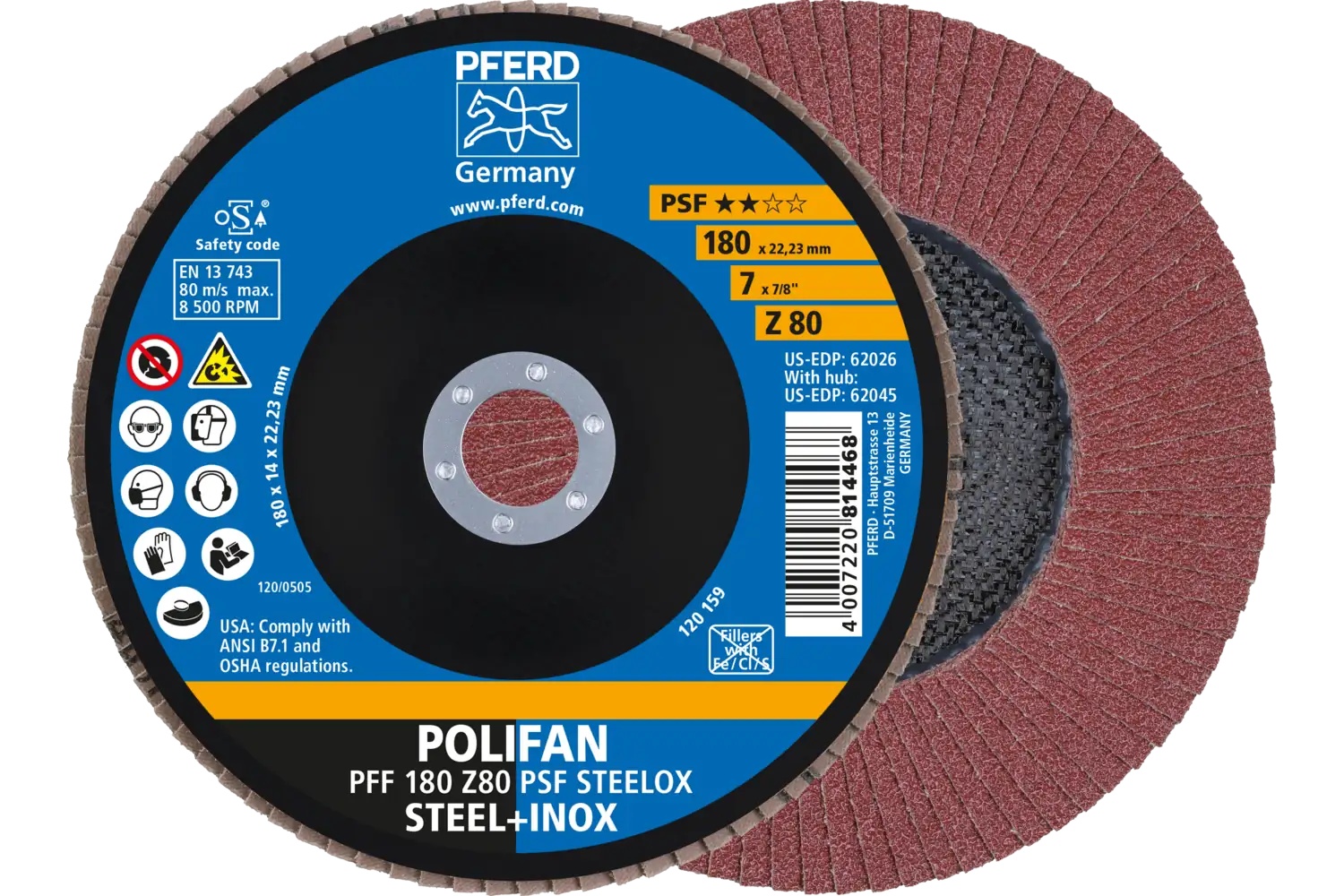 Picture of Pferd Flap Disc, 7" x 7/8, Z PSF Steelox, 80 Grit, T27, Flat, Zirconia